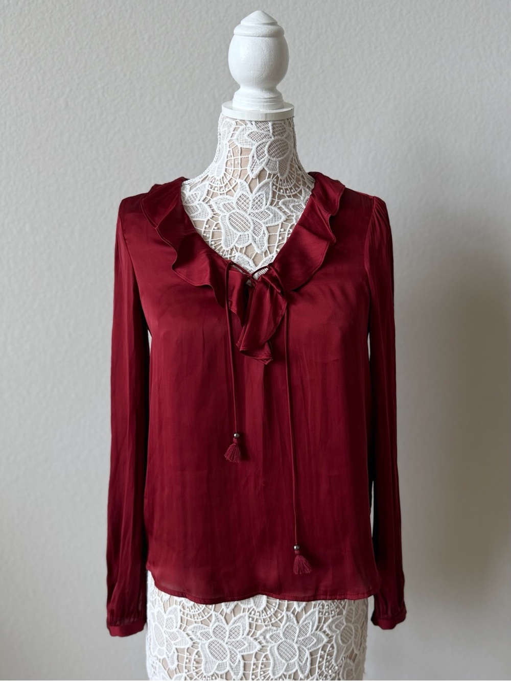 PAIGE Wine Red Ruffle Tie-Neck Long Sleeve Blouse